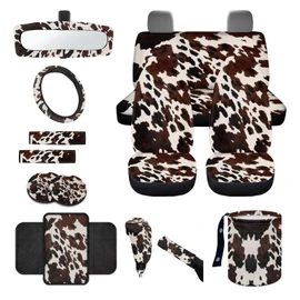 Wanyint Black Brown Cow Print 14 PCS Car Seat Cover Full Set with Steering Wheel Cover Seat Belt Strap Pads Cup Coasters Trash Bag Rearview Mirror Cover Armrest Cover Pad Handbrake Cover Set Car Decor
