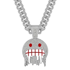 Aroncent Iced Out Emoji Chain Necklace: 20" Cuban Link Diamond Chain with Blue Eyes Teeth Pendant - Hip Hop Jewelry Gift Silver 2