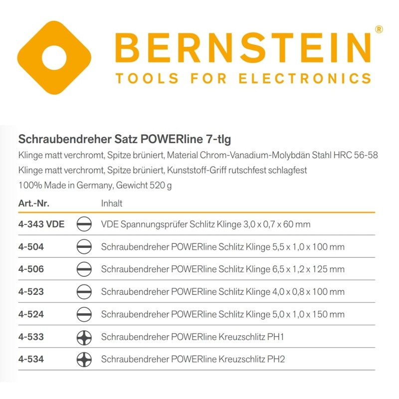 Bernstein Euroline-Power 4-530 Screwdriver Set of 6 Pieces