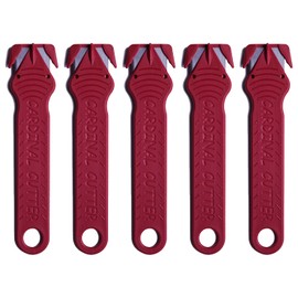 Cardinal Safety Box Cutter with Concealed Stainless Steel Blade, Package Opener Plastic Cutter for Box, Carton, Shrink Wrap, Plastic Straps (Red, Pack of 5)