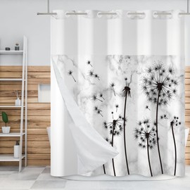 Baocicco No Hook Black and White Dandelion Shower Curtain with Snap in Liner Flower Vintage Floral Double Layers Machine Washable for Easy Clean Hotel Shower Curtain and Liner Set 71x74 Inch