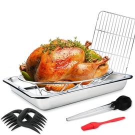 CLAVANY Turkey Roaster Stainless Steel Roasting Rack with Pan, Roasting Pan with Stainless Steel Cooling Rack and Turkey Rack for Smokers, Oven, Grill, Smoking and Grilling Accessories