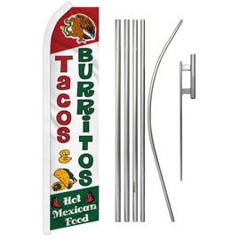 NEOPlex -"Tacos and Burritos" Complete Flag Kit - Includes 12' Swooper Feather Business Flag with 15-Foot Anodized Aluminum Flagpole and Ground Spike