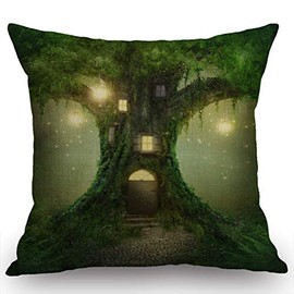 Swono Fantasy Tree House Farmhouse Decor Family Decoration Cotton Linen Home Decorative Throw Pillow Case Cushion Cover with Words for Sofa Couch, 18 x 18 in