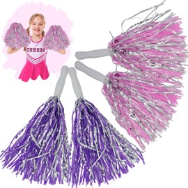 4-Pack Purple and Pink Cheerleading Pom Poms 35cm, Glittery, Shimmering Cheerleader Poms for Kids and Adults, Dance, Sports Events, Costumes and Party Decorations