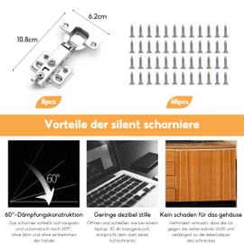 Pack of 8 Hinges for Cabinet Doors, Soft Close, Cabinet Hinges with Hydraulic Spring, Concealed Hinge Corner Stop with 48 Screws