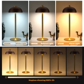 JONEMO 2 Pack LED Cordless Table Lamp Rechargeable,5000mAh Battery Operated Table Lamp, 3 Color Stepless Dimming Metal Table Light with Memory Function for Outdoor, Dinner, Patio, Home.(Brown)