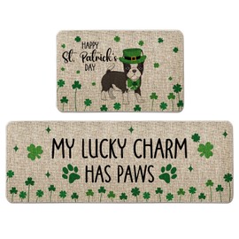 QIONG MENG St. Patrick's Day Kitchen Rug Boston Terrier Kitchen Mat Set of 2, Dog Decorative Farmhouse Floor Mats for Home Kitchen Dining Room Decorations - 17x27 and 17x47 Inch