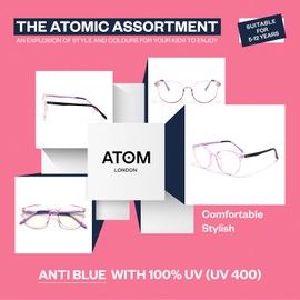 ATOM 100% UV Protection Kids Blue Light Blocking Glasses - Suitable for kids aged between 5 to 12 Years Children Blue Light Blocking Glasses for Boys (Transparent Pink - Black + Purple)