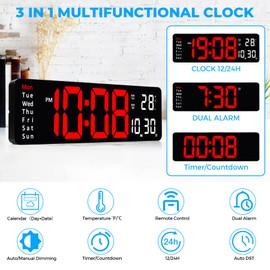 Sukeen Digital Wall Clock, 13 Inch Digital Clock Wall Clock Digital Alarm Clock with Remote Control, Count Up & Down, 10-Level Dimming, Dual Alarm, Date, Temperature for Home, Gym, Office, Garage Red