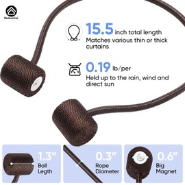 Remunkia Magnetic Curtain Tiebacks 4 Pack, Curtain Tie Backs Holder, Outdoor Curtains Tiebacks Window Treatment Holdbacks with Strong Magnet Modern Rope Tiebacks Decorative All Drape Curtains - Coffee