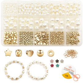 MECOS Cuentas Espaciadoras, 827 Piezas Cuentas De Cristal Redondas Perlas Para Manualidades, Con Cuentas Espaciadoras Doradas De 5 Formas Para Hacer Joyas, Aretes, Bisutería Pulsera DIY Manualidades