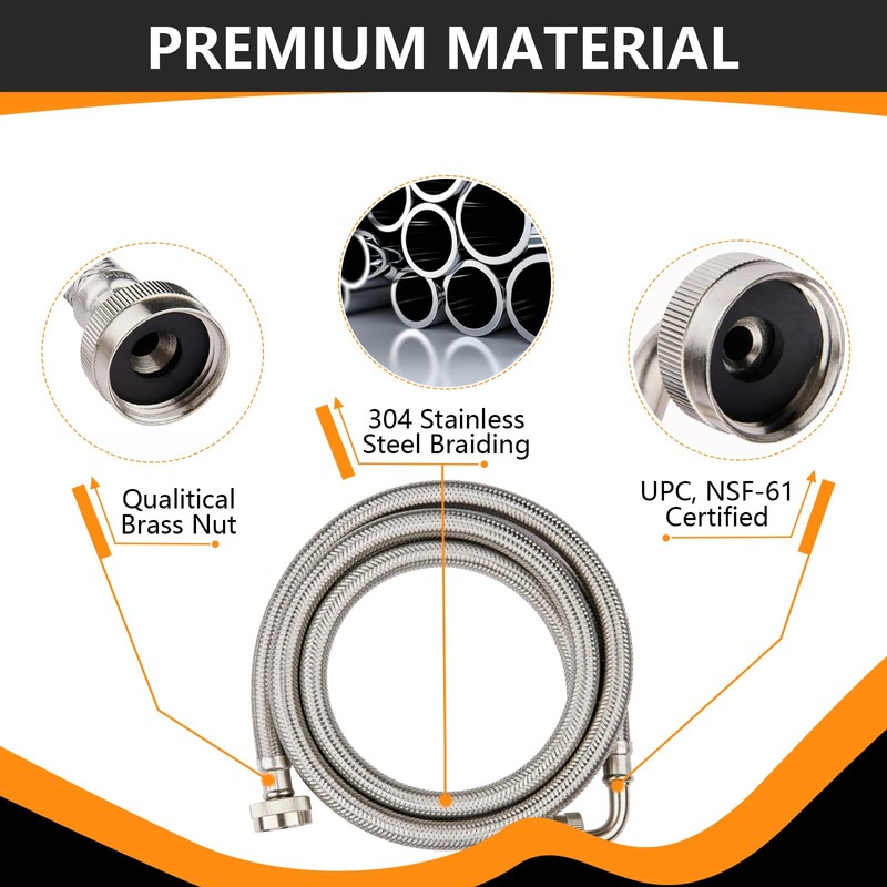 2-Pack HeSun 6 Ft Washing Machine Hose, 3/4" FHT Stainless