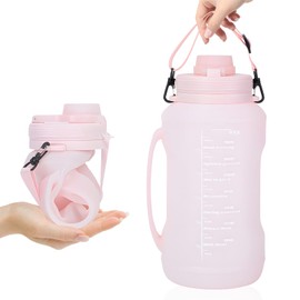 Yenergy Collapsible 64oz Water Bottle with Handle & Straw - Spill-Proof Foldable Silicone Bottle for Men/Women (Pink, 2L)