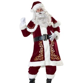 La Vogue 9 Pieces Mens Christmas Santa Claus Costume Outfits Luxury Suit Unisex Adults Cosplay Xmas Party Costumes Set 2XL Red