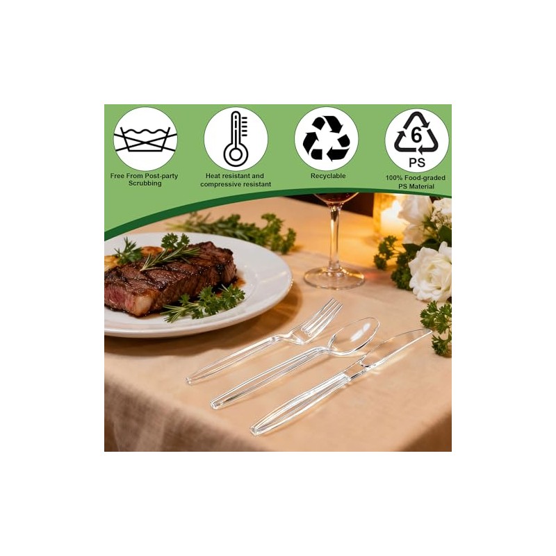 Zcaukya Clear Plastic Silverware Set, 300 Count