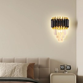FRIXCHUR Crystal Wall Sconce Black Modern Lamp Mounted Light Fixture for Bedroom Bedside Living Room Hallway Bathroom 2X E12 Base