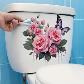 TOLOVIS Pink Rose Butterfly Toilet Cover Sticker Decals,Flower leaf bird Waterproof Toilet Lid Tank Seat Decals Cistern Self-Adhesive Bathroom Wall Sticker