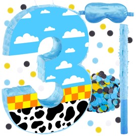 16 Inch Number 3 White Cloud Pinata with 16 Inch Piñata Stick Blindfold Confetti for Boy Girl Kids 3rd Birthday Party Decorations(3rd)