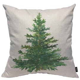 HOSNYE Christmas Tree Throw Pillow Case Cushion Cover Fir Green Watercolor Celebration Merry Christmas Cotton Linen for Couch Bed Sofa Car 24x24 inch