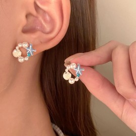 Starfish Pearl Shell Earrings for Women Pearl Stud Earrings Sea Shell Pearl Ocean Earrings Starfish Pearl Earrings Beach Vacation Earrings Seaside Holiday Jewelry (Gold)