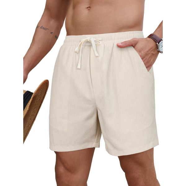 PLEPAN Mens 5 Inch Linen Shorts - Casual Elastic Waist