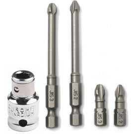 RW 0059-005/007 JIS (Japanese Industrial Standard) (4) Screwdriver Impact Bits + 3/8 Inch Socket Adapter #2#3 Standard & Long 1/4 Inch