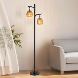 9MMML Rattan Floor Lamp for Living Room, Boho Floor Lamp with 2 Hanging Rattan Lamp Shade, 67'' Farmhouse Dimmable Black Standing Lamp with Rotary Switch for Bedroom, 2 x 800LM LED Bulbs Included