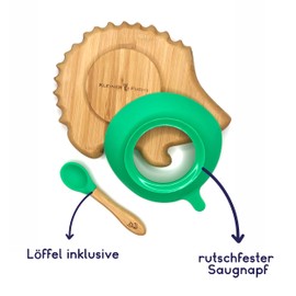 Kleiner Fuchs High-quality bamboo plate with suction cup, non-slip with matching baby spoon makes meals fun, tableware set with gift box - learning to eat hedgehog design