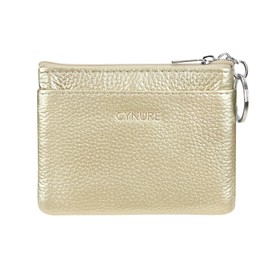 Women's Genuine Leather Coin Purse Mini Pouch Change Wallet with Keychain, Gold