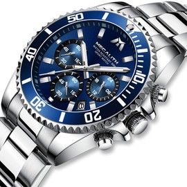 MEGALITH Mens Watches Chronograph Stainless Steel Silver Watches for Men Designer Blue Face Wrist Watches Waterproof Analogue Dress Luminous Date