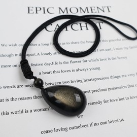 Anjiucc Natural Gemstone Gold sheen obsidian Pendant Necklace with 20 inch black rope chain, Male and Female Necklace(Gold sheen obsidian 2