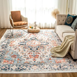 VK VK·LIVING Machine Washable Rug 4'x6' Vintage Design Washable Area Rugs with Non Slip Rugs for Living Room Bedroom Traditional Woven Rug Carpet Stain Resistant,Home Decor Office Boho Rug,Blue&Orange
