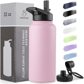 DOMICARE 32 oz Insulated Water Bottle, Vacuum Insulated Stainless Steel Sports Water Bottle with Straw Lid & Spout Lid, Leakproof, Reusable - Travel, Camping, Bike, Pink