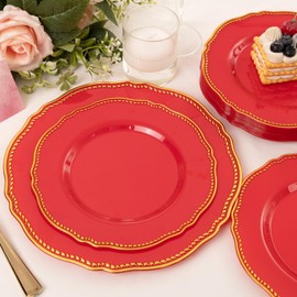 Hioasis 60pcs Red Plastic Plates - Red and Gold Disposable Plates, 10.25 inch Plastic Dinner Plates, Perfect for Wedding & Party & Christmas