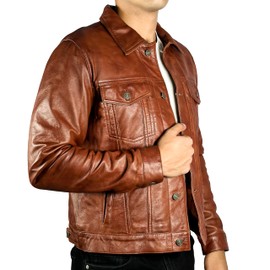 Genuine Lambskin Mens Trucker Jacket Real Leather For Motorcycle Racing Collar Style Leather Jacket For Man (US, Alpha, m, Regular, Regular, Brown Trucker Leather Jacket)