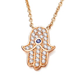 Old English Jewellers 9ct Yellow Gold on Silver Blue Sapphire CZ Hand of Hamsa Pendant Necklace 16-18 inch Chain