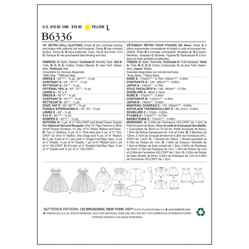 Butterick Schnittmuster 6336 OSZ Puppe Kleidung nähen Muster, 18