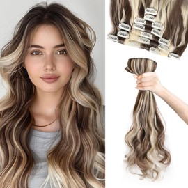 Vlasy Hair Extensions Clip in,7PCS Wavy Clip in Extensions,20 Inches Long Synthetic Clip on Hair Hairpiece Full Head for Women Girls(F12/613#)