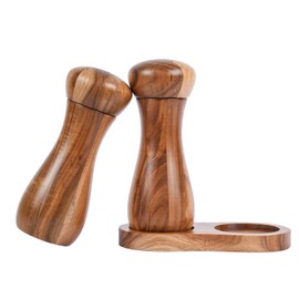 DeroTeno Salt and Pepper Mill Set with Mill Bowl, Set of 2 Salt and Pepper Mills with Ceramic Grinder Acacia Wood, Height 15.5 cm, Diameter 6 cm