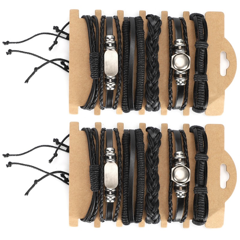 2Sets Adjustable Braided Bracelet Metal Inlaid Wristband Retro Style Cuff