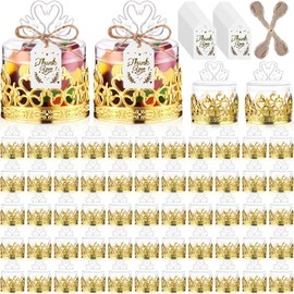 Jingmore 60 Sets Mini Crown Candy Boxes with Thank You Tags and Twine Plastic Candy Containers Storage Boxes Decorative for Wedding Baby Shower Princess Birthday Party Supplies(Gold,Swan)