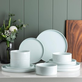 LERATIO Ceramic Dinnerware Sets of 4,High Edge Stoneware Plates and Bowls Sets,Highly Chip and Crack Resistant | Dishwasher & Microwave & Oven Safe Dishes set,White- Service for 4（12pcs）