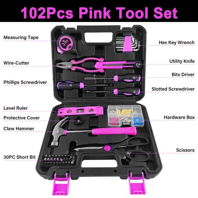 SOLUDE Pink Tool Set,102-Piece Home Pink Tool Kit for Women
