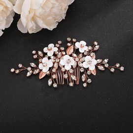 Teyglen Flower Leaf Wedding Hair Comb Gold Silver Leaf Rhinestone Hair Pieces Bridal Crystal Hair Comb Handmade Flower Headpieces Hair Accessories for Women Bride Girls (Rose Gold)