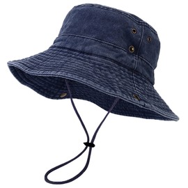 Unisex Cotton Boonie Hat Summer Outdoor Packable Fishing Bucket Hat Beach Sun Hat with String for Women Men (US, Alpha, One Size, Retro Dark Blue)