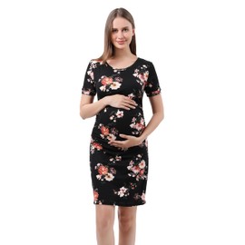 Alina Mae Maternity Dress Baby Shower Bodycon Short Sleeve Casual Daily Wear to Work Women (Large (Size 8-10), Floral Black)