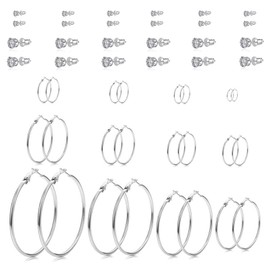 Spiritlele 24 Pairs Silver Hoop Earrings Lightweight Multipack Cubic Zirconia Earrings Assorted Earrings Set for Women
