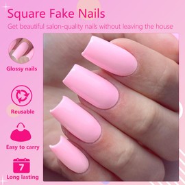 AddFavor 240pcs Pink Press on Nails Medium Square Fake Nails, Glossy Acrylic Press on Nails Gel False Nails with Adhesive Stick for women