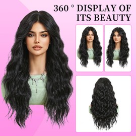 Geogroket Long Wavy Wig for Women Middle Part Wavy Charming Hair Realistic Natural Looking Synthetic Heat Resistant Black Wigs for Girls Daily Party Use 24 Inch